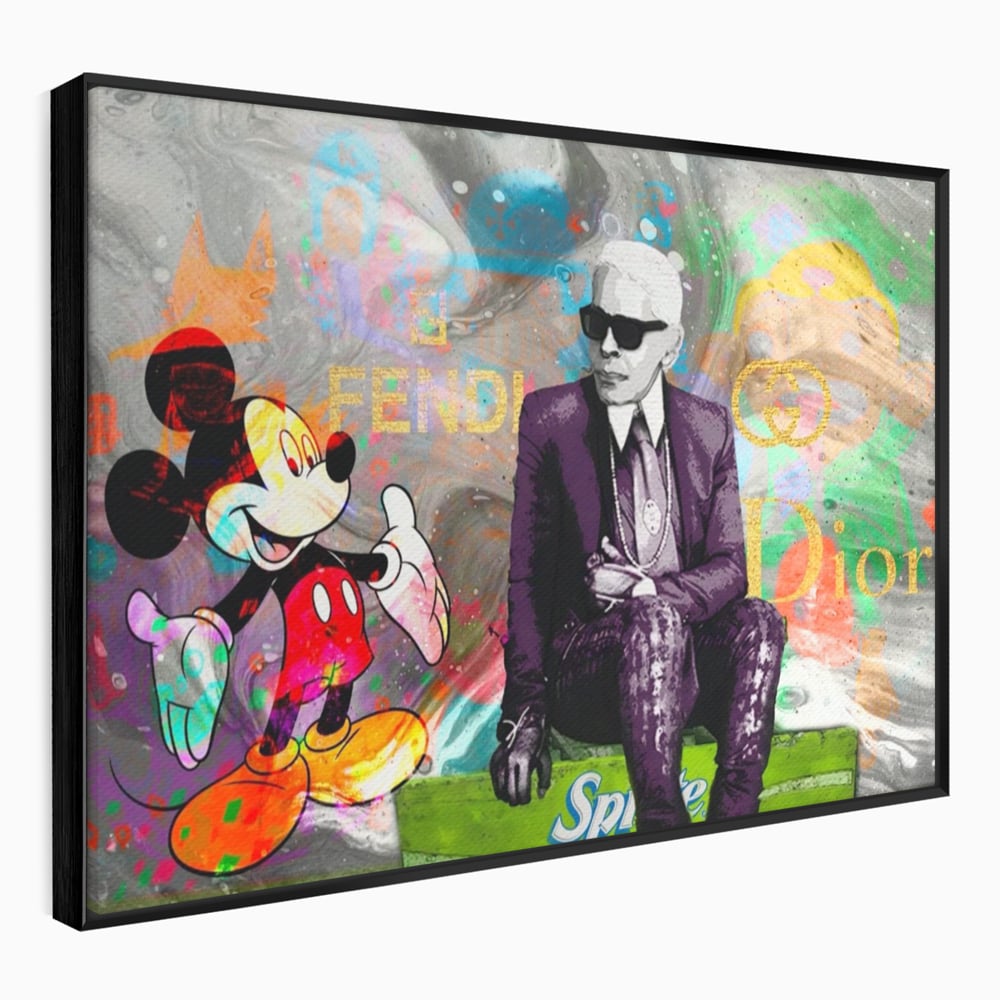 Tablou canvas cu tablou canvas cu mickey mouse si karl lagerfeld, in rama de aluminiu negru